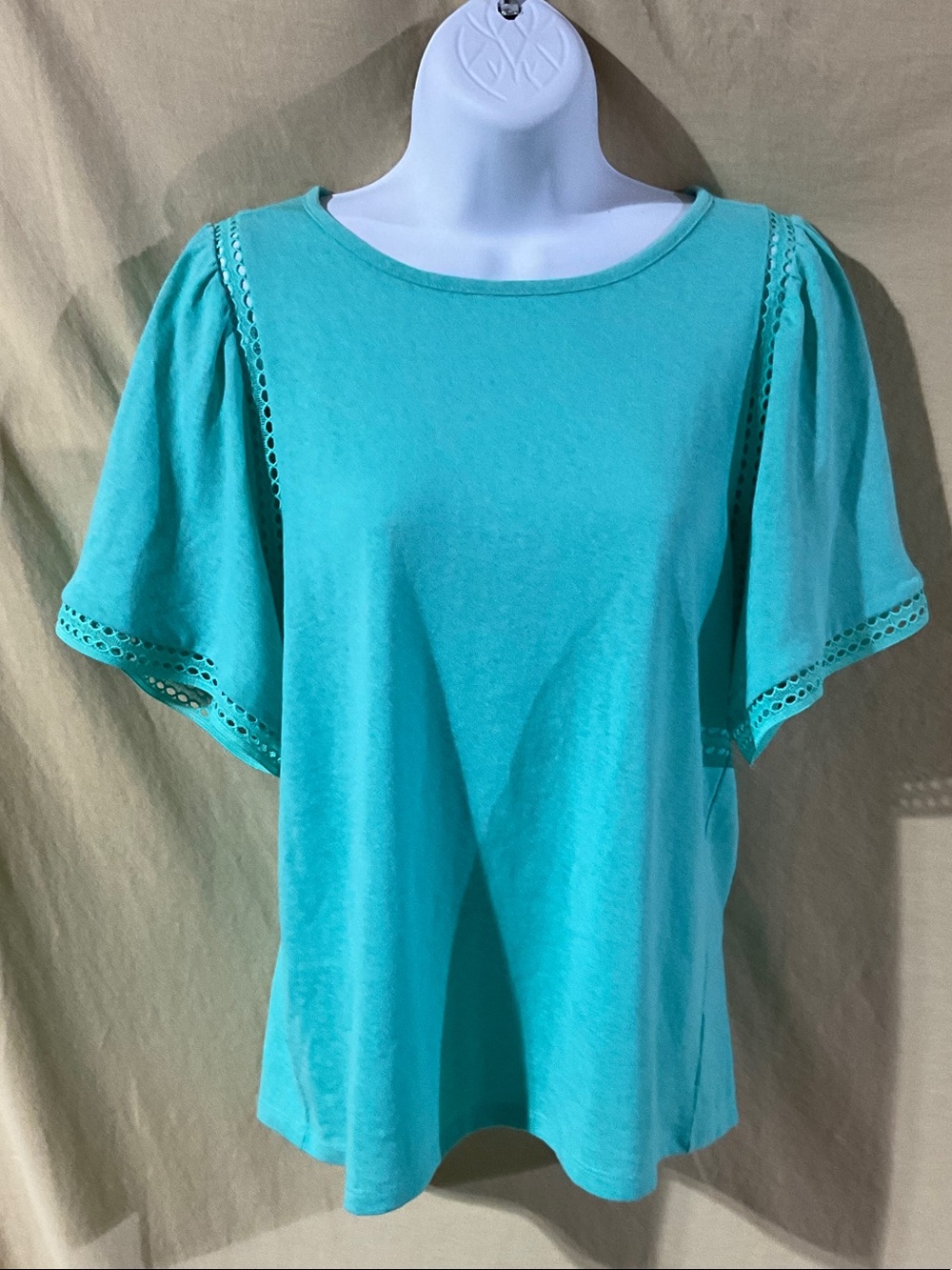 LOFT Size S Turquoise Flutter Sleeve Eyelet Trim Tee